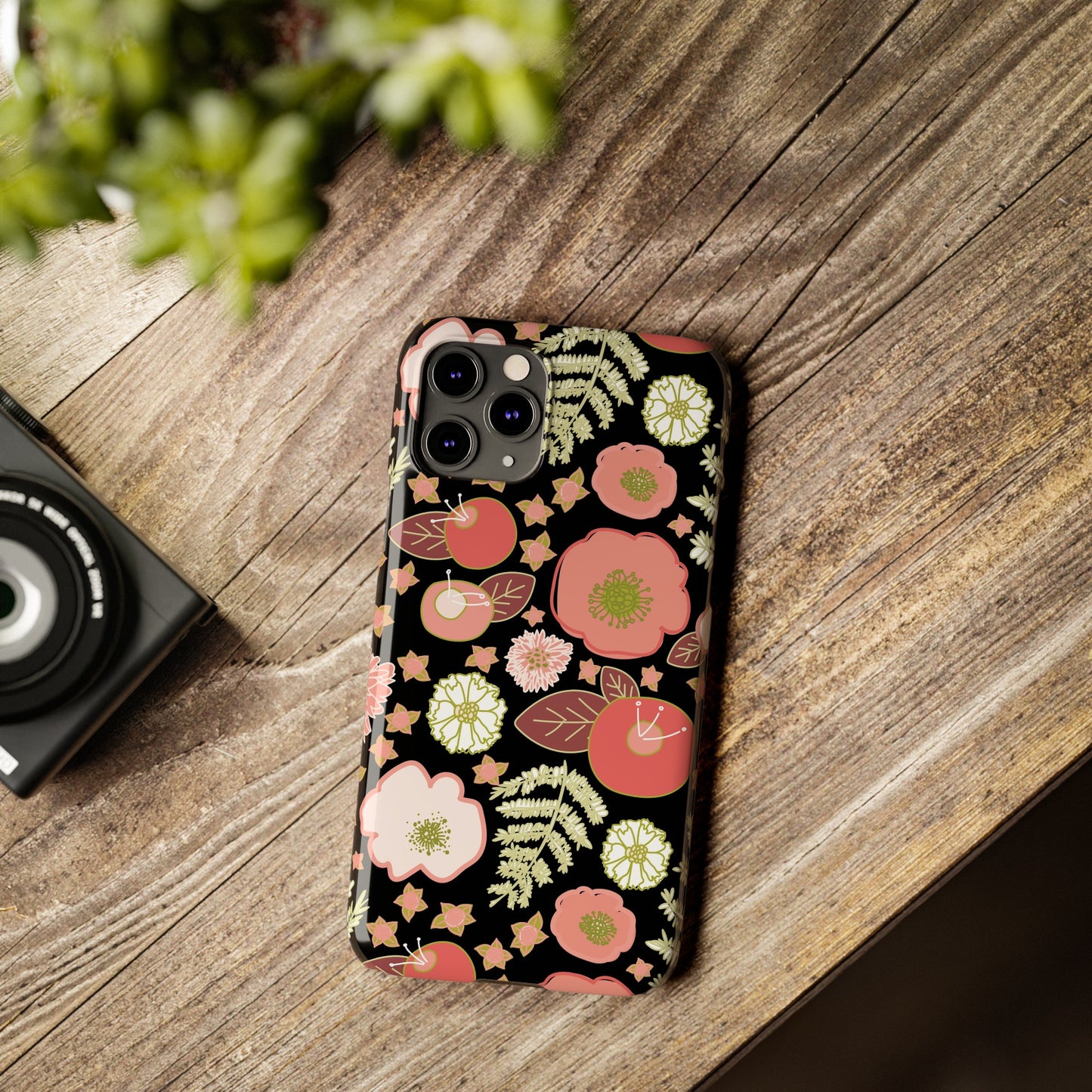 Coral Flowers on Black Slim Phone Cases