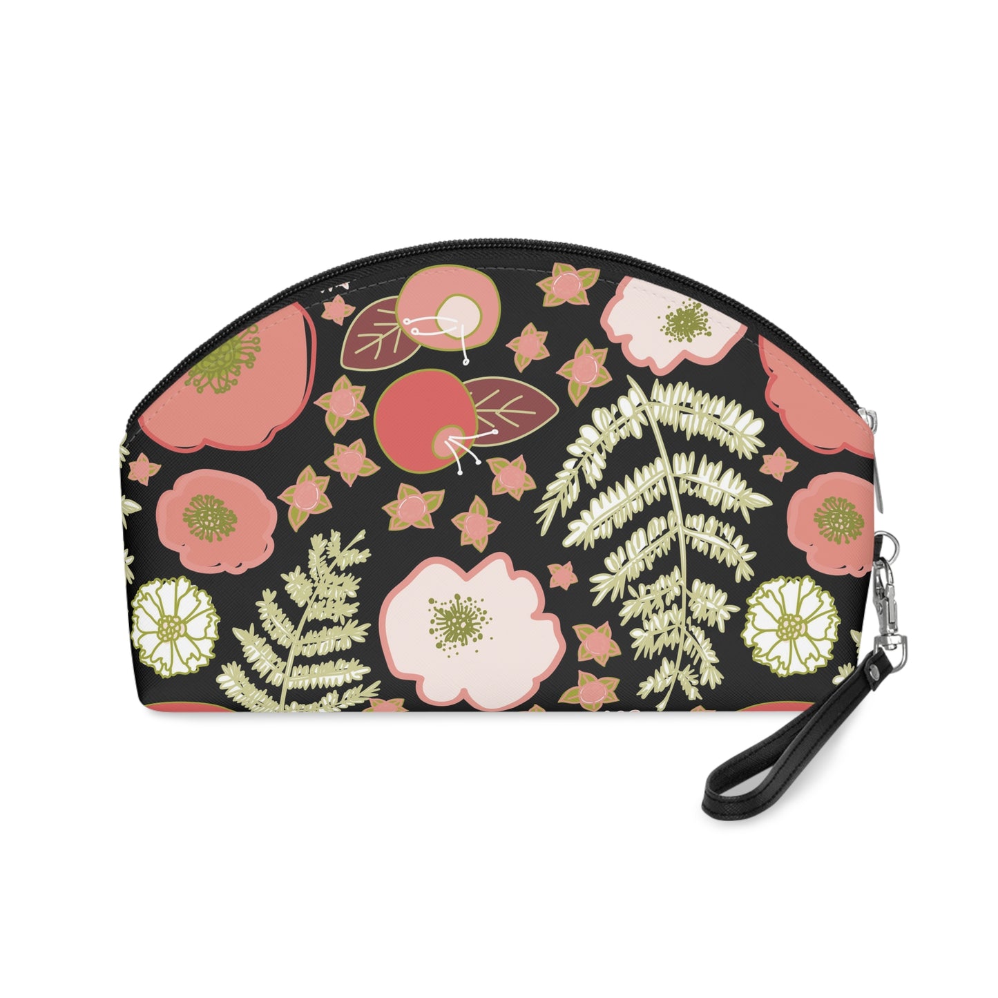 Coral Flowers on Black Makeup Bag