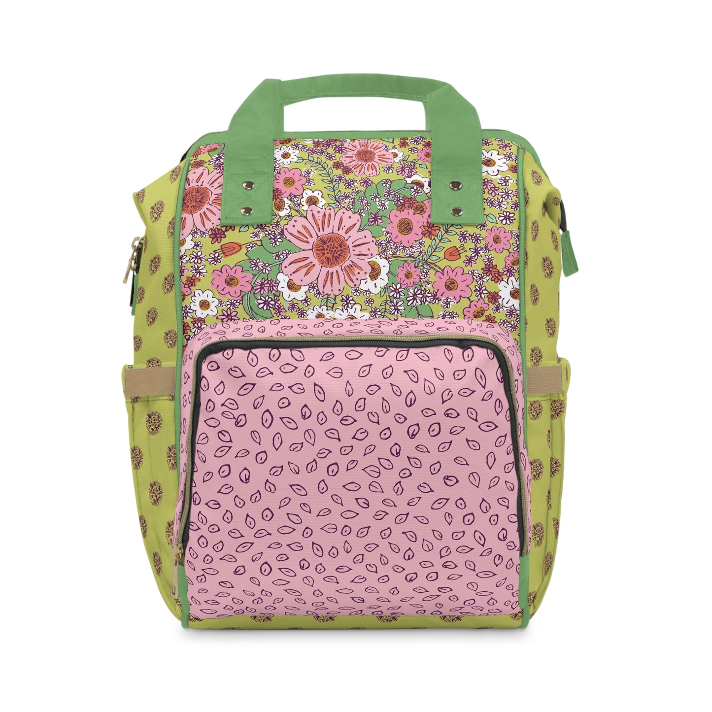 Cheerful Watercolor Flowers on Bright Green Multifunctional Diaper Backpack