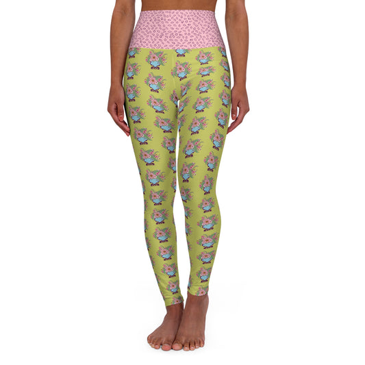 Cheerful Watercolor Flowers in Vase on Bright Green High Waisted Yoga Leggings