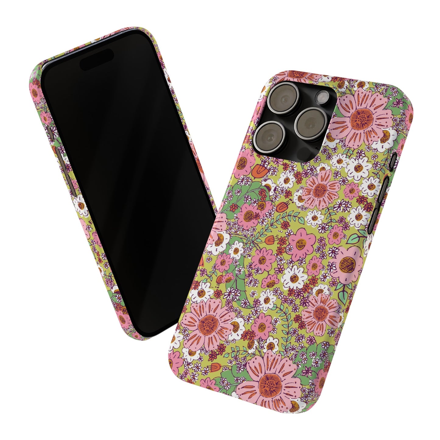 Cheerful Watercolor Flowers on Bright Green Slim Phone Cases