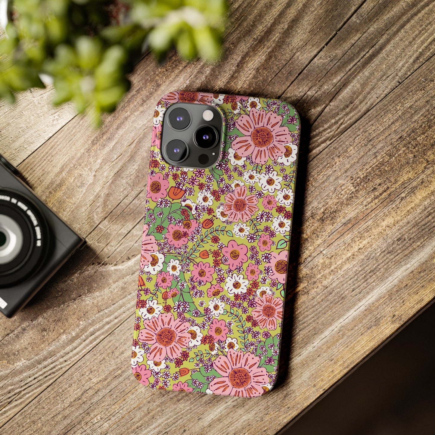 Cheerful Watercolor Flowers on Bright Green Slim Phone Cases