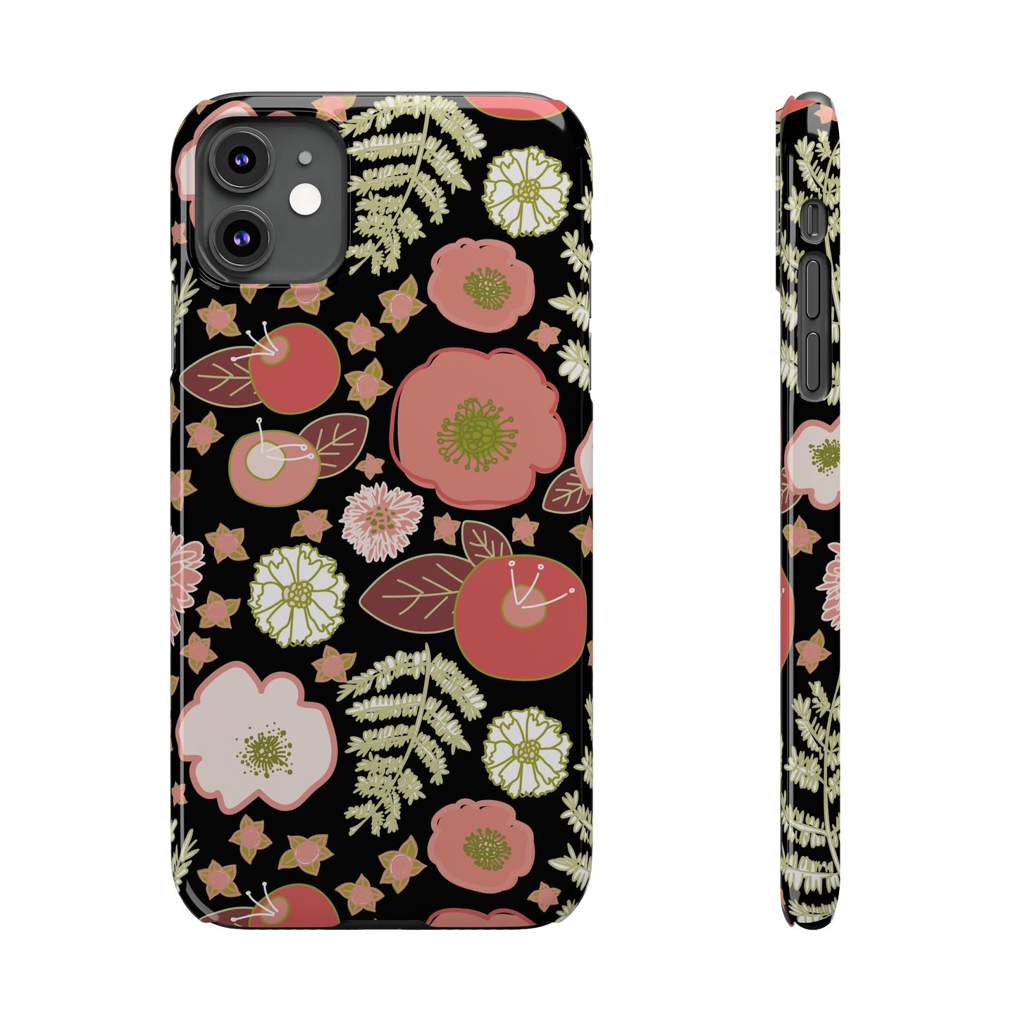 Coral Flowers on Black Slim Phone Cases