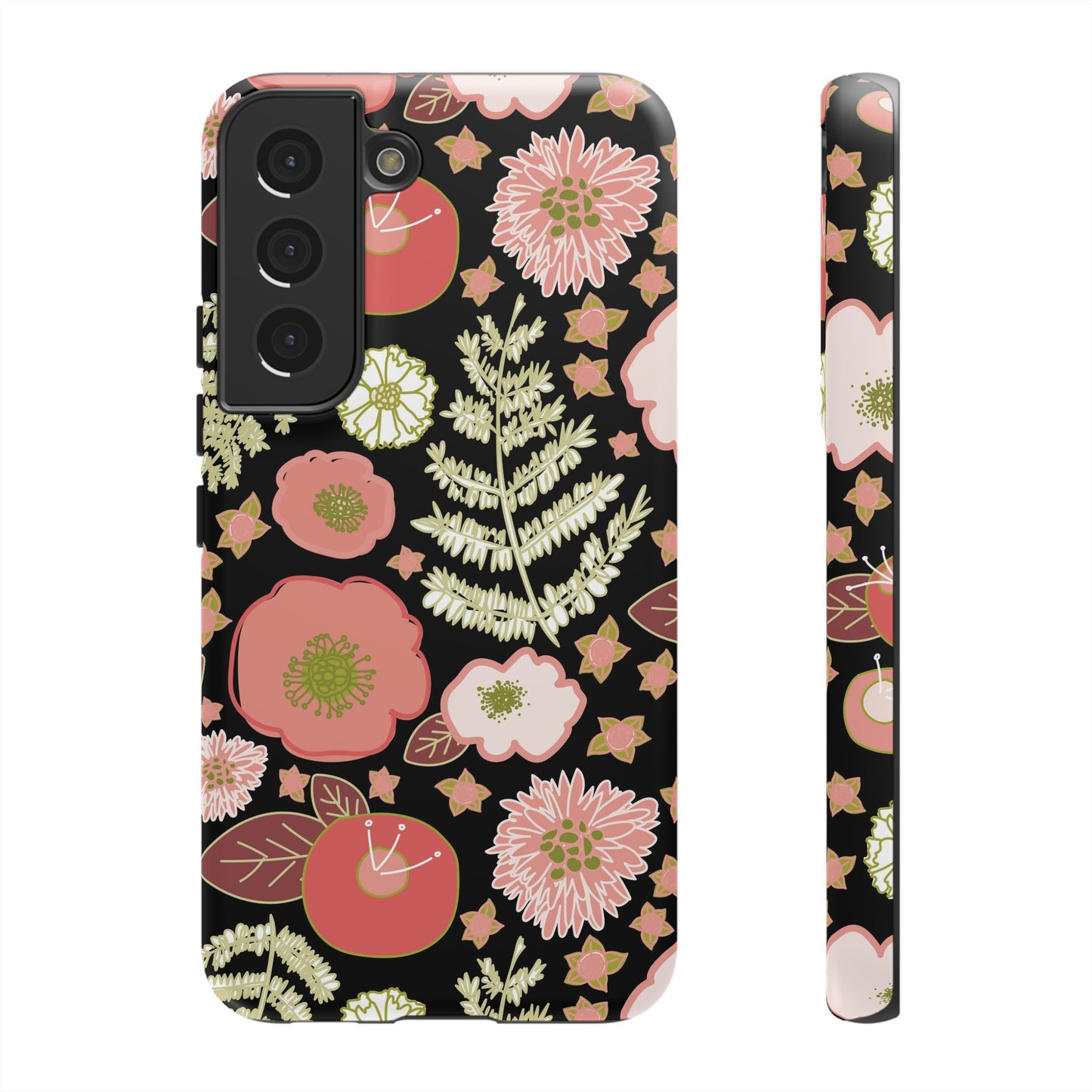 Coral Flowers on Black Tough Cases for Samsung