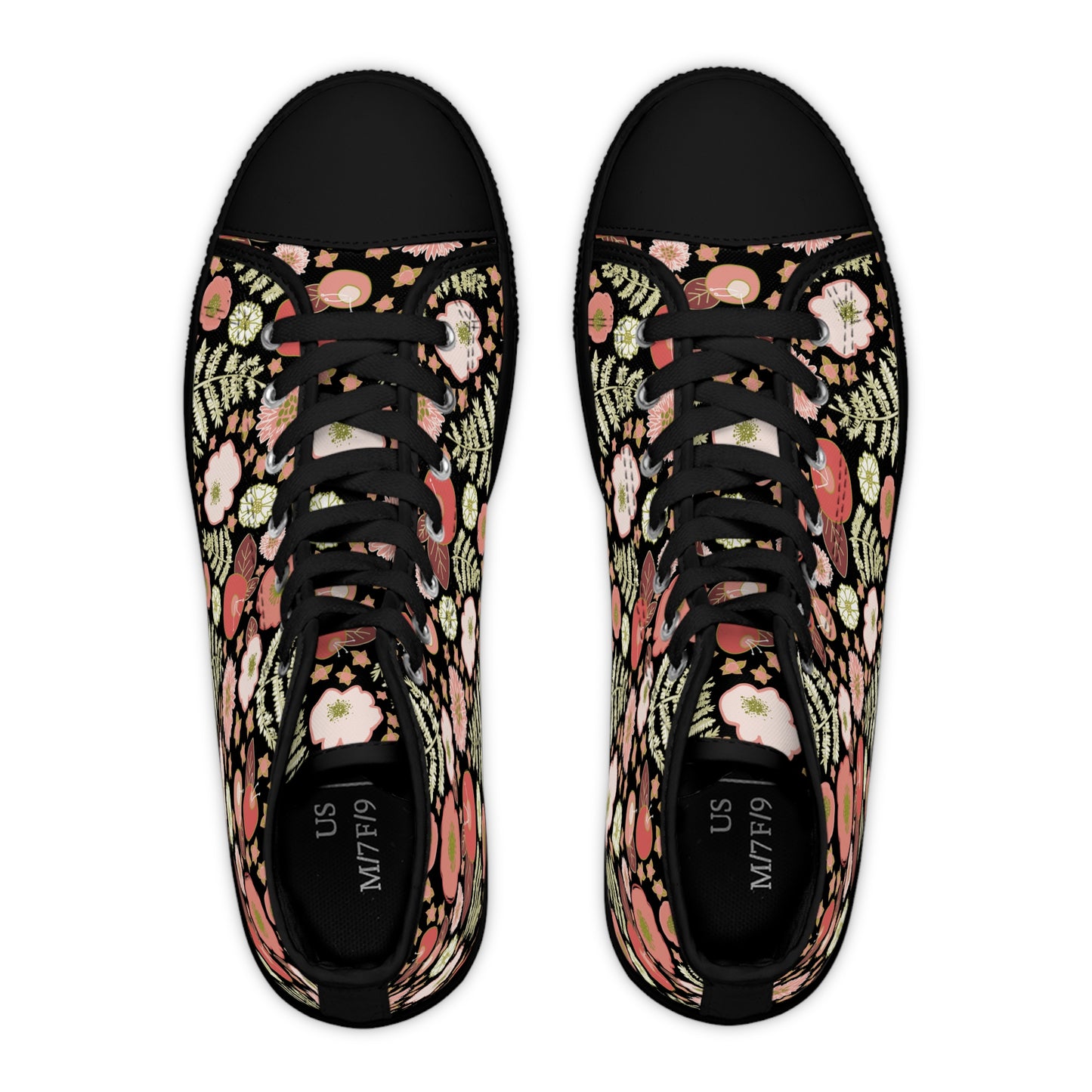 Coral Flowers on Black Women's High Top Sneakers