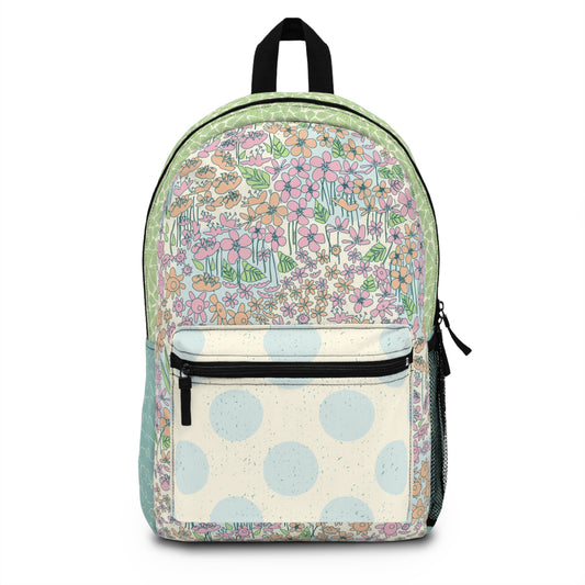 Orange and Pink Flowers on Blue Dot Backpack