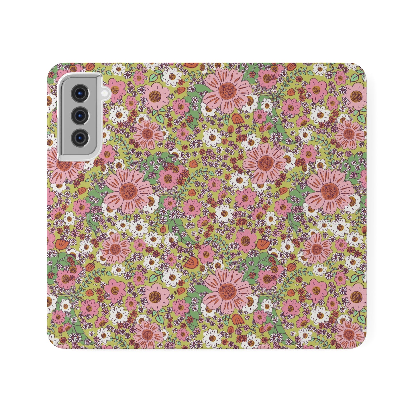 Cheerful Watercolor Flowers on Bright Green Flip Cases for Samsung