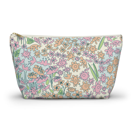 Orange and Pink Flowers on Blue Dot Accessory Pouch w T-bottom