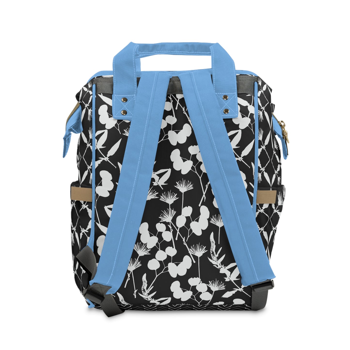 Black and White Floral with Blue Accents Multifunctional Diaper Backpack