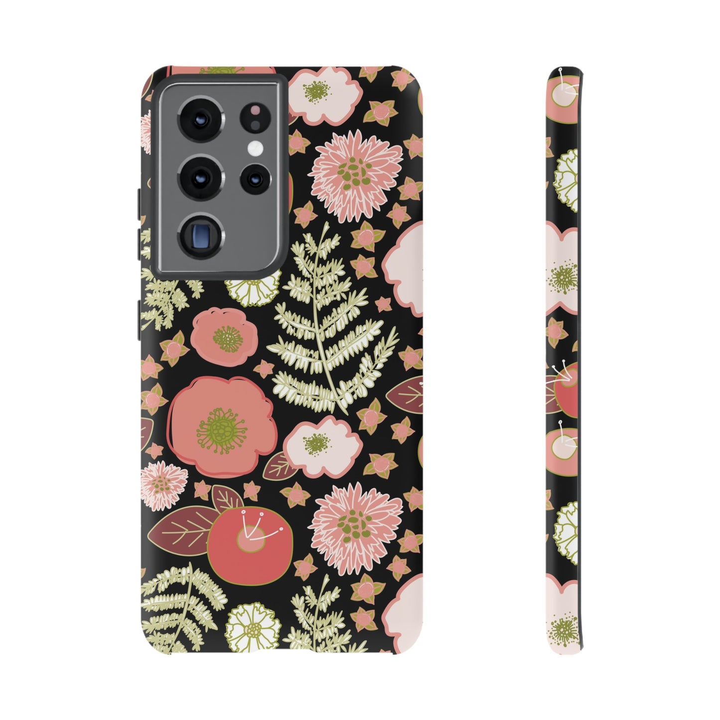 Coral Flowers on Black Tough Cases for Samsung