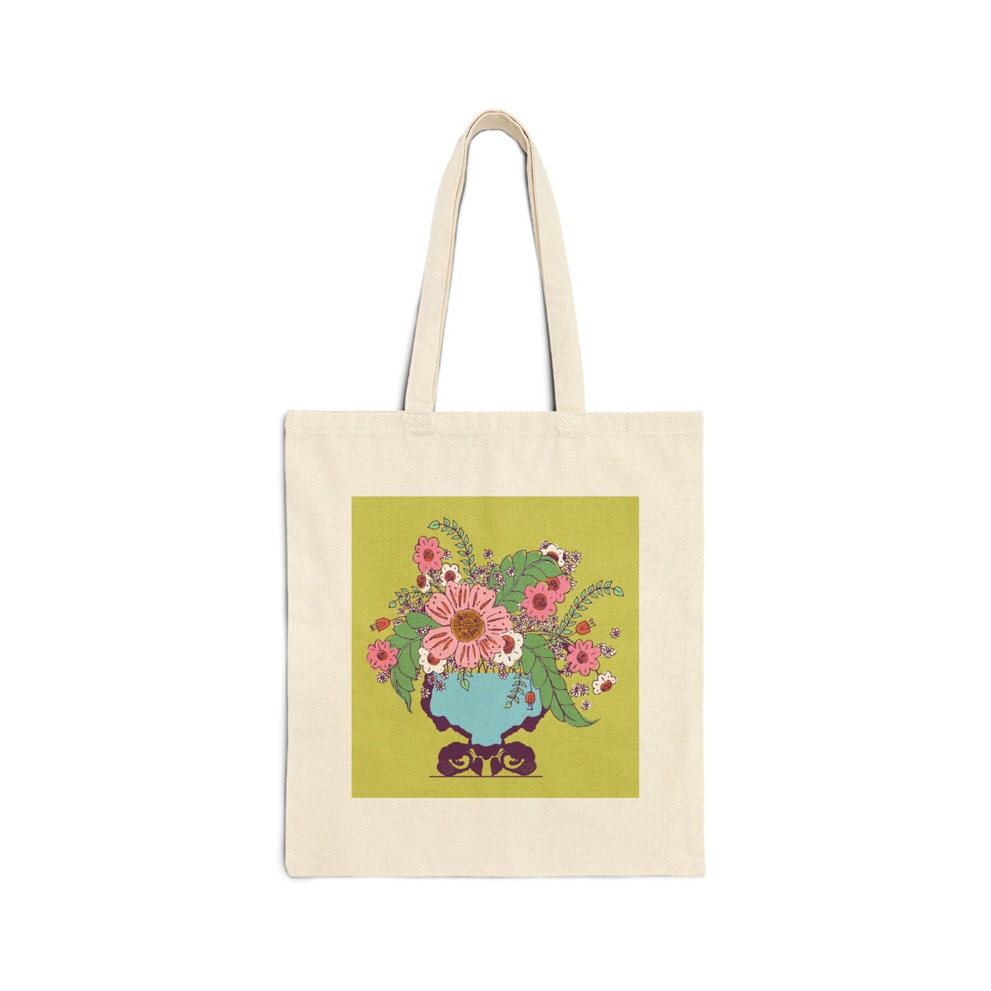 Cheerful Watercolor Flowers in Vase on Bright Green Cotton Canvas Tote Bag