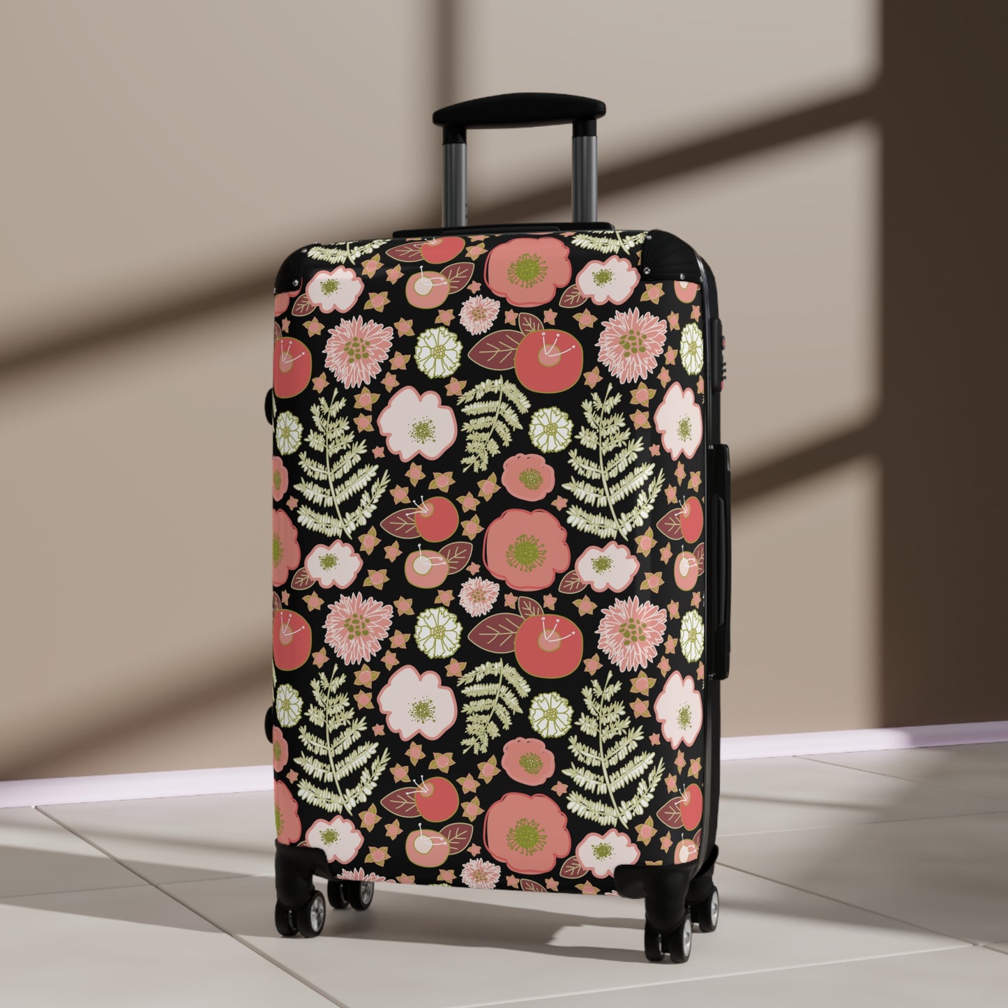 Coral Flowers on Black Suitcase