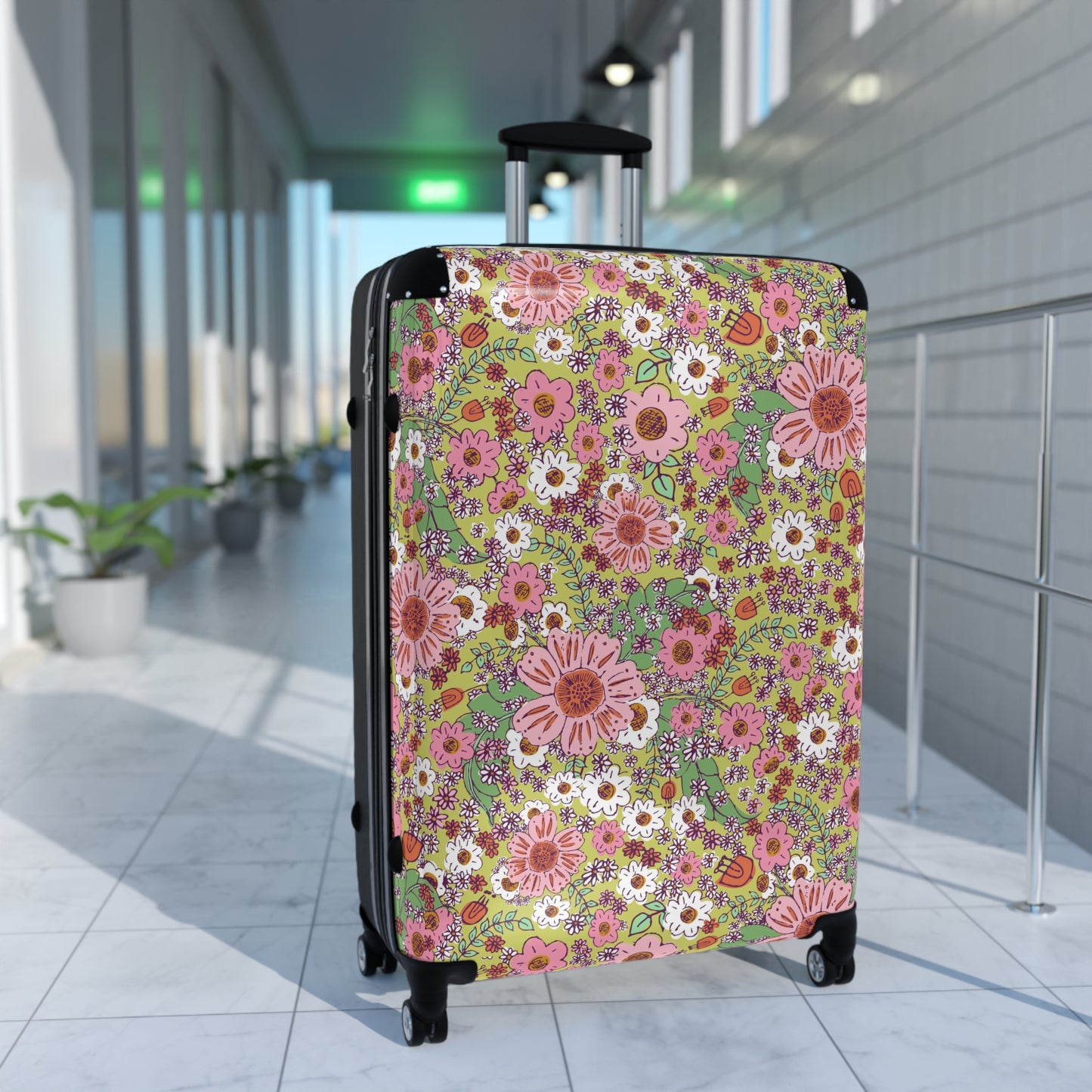 Cheerful Watercolor Flowers on Bright Green Suitcase