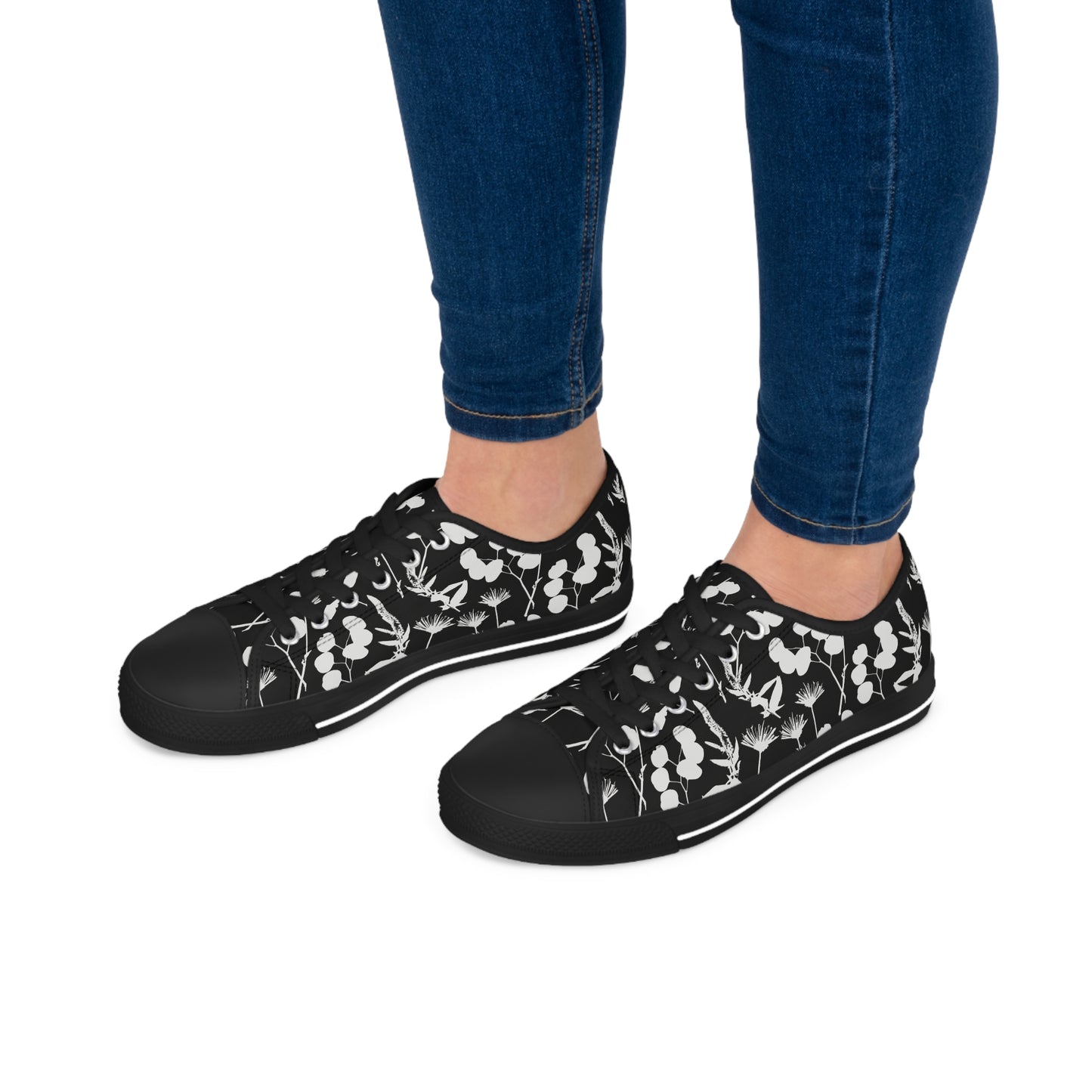 Black and White Floral Women's Low Top Sneakers