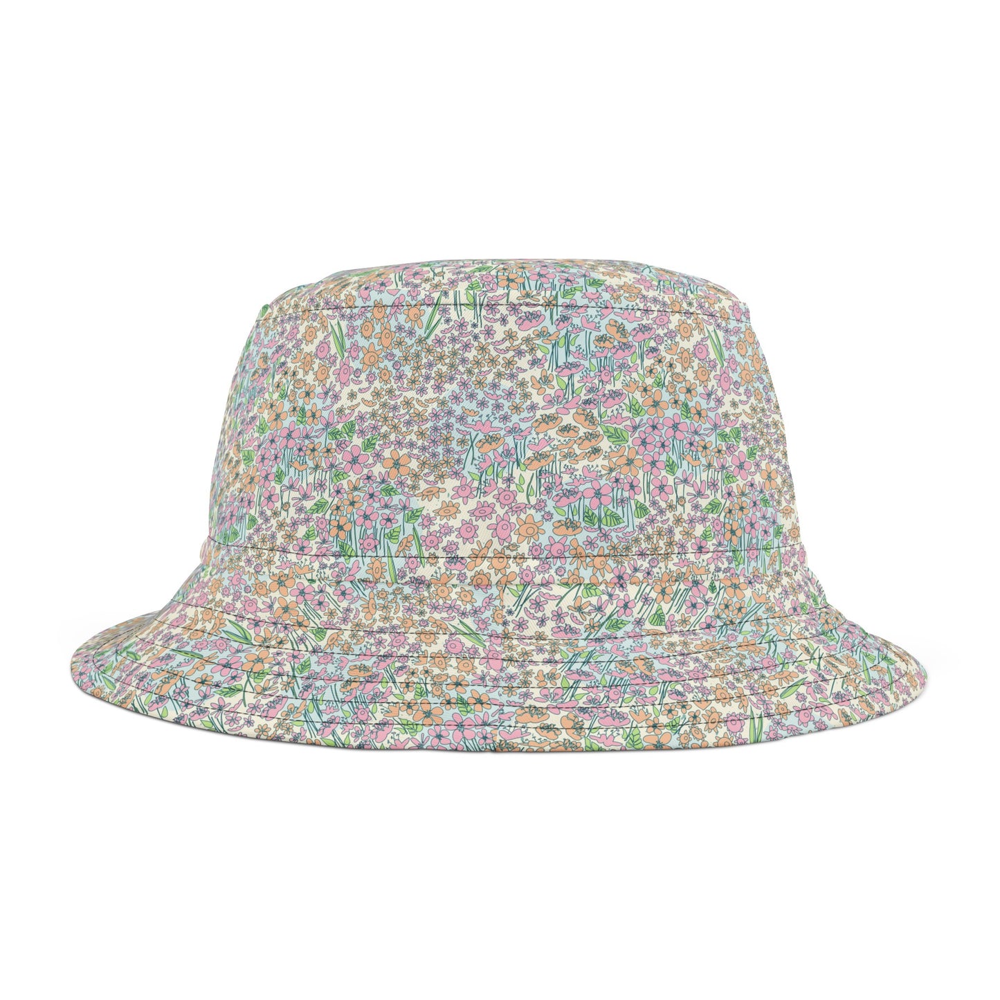 Orange and Pink Flowers on Blue Dot Bucket Hat