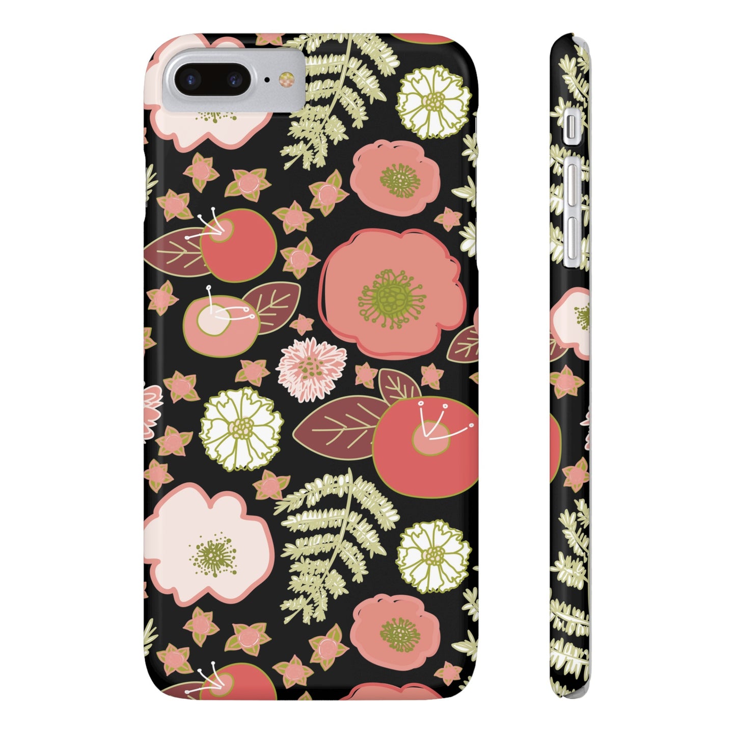 Coral Flowers on Black Slim Phone Cases