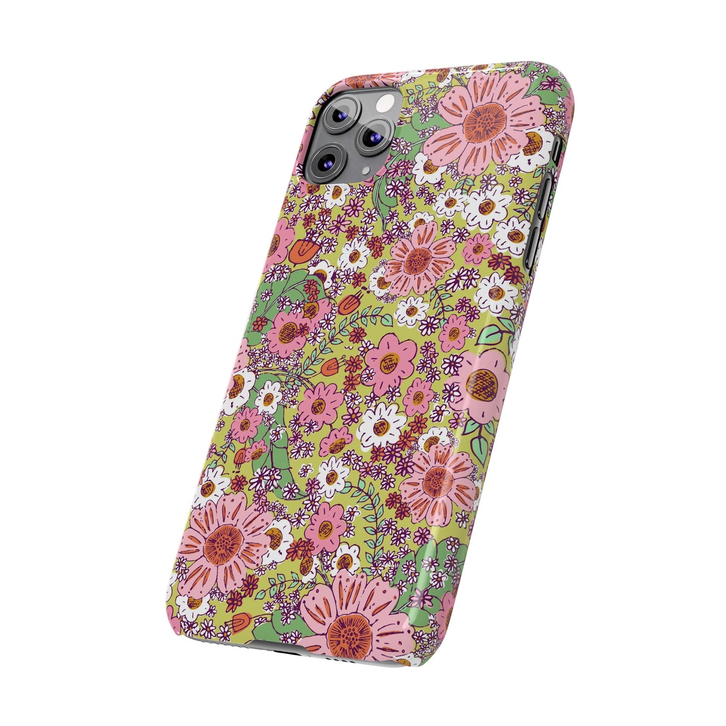 Cheerful Watercolor Flowers on Bright Green Slim Phone Cases