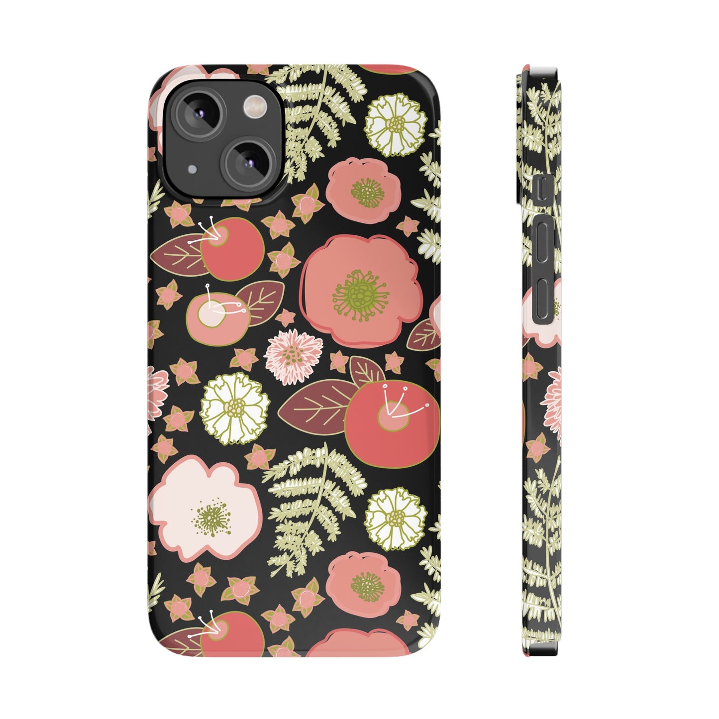 Coral Flowers on Black Slim Phone Cases