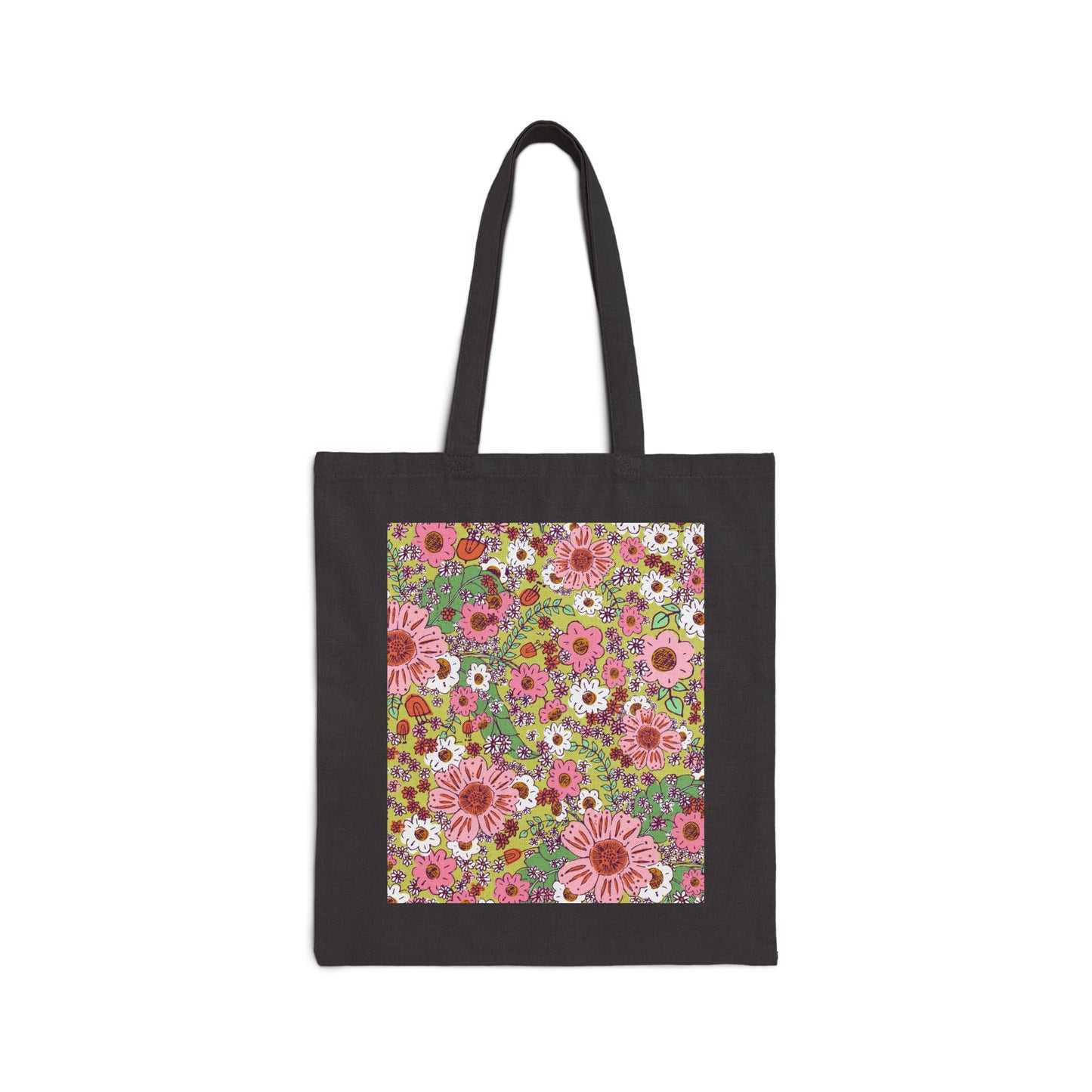 Cheerful Watercolor Floral on Bright Green Cotton Canvas Tote Bag