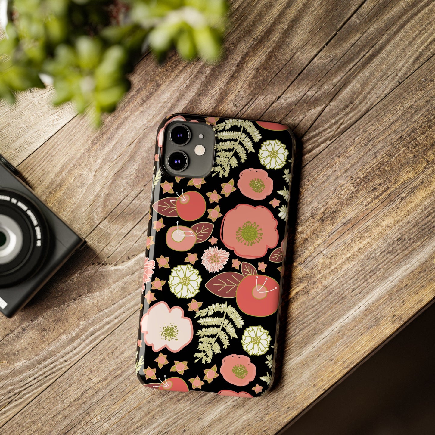 Coral Flowers on Black Slim Phone Cases