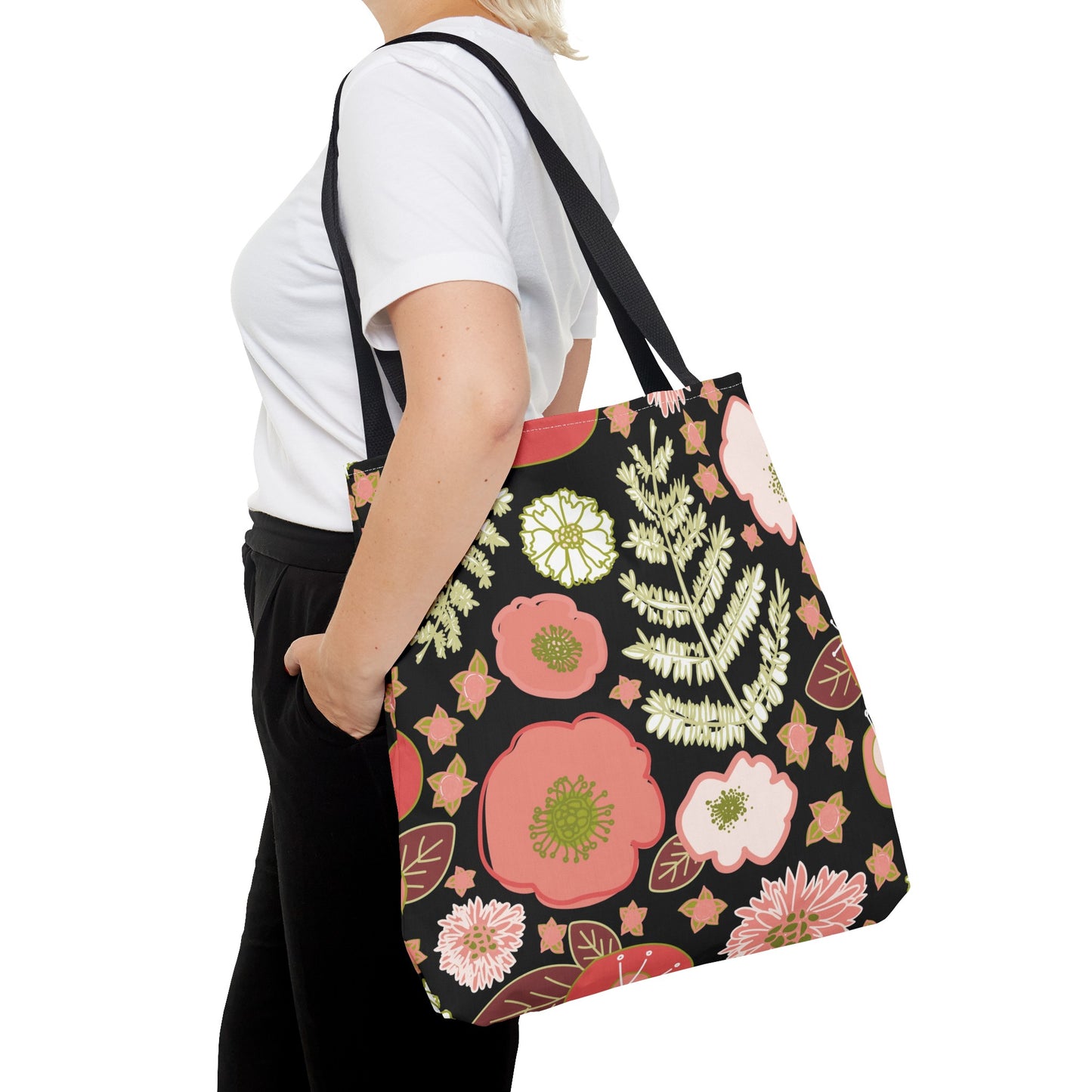 Coral Flowers on Black Tote Bag