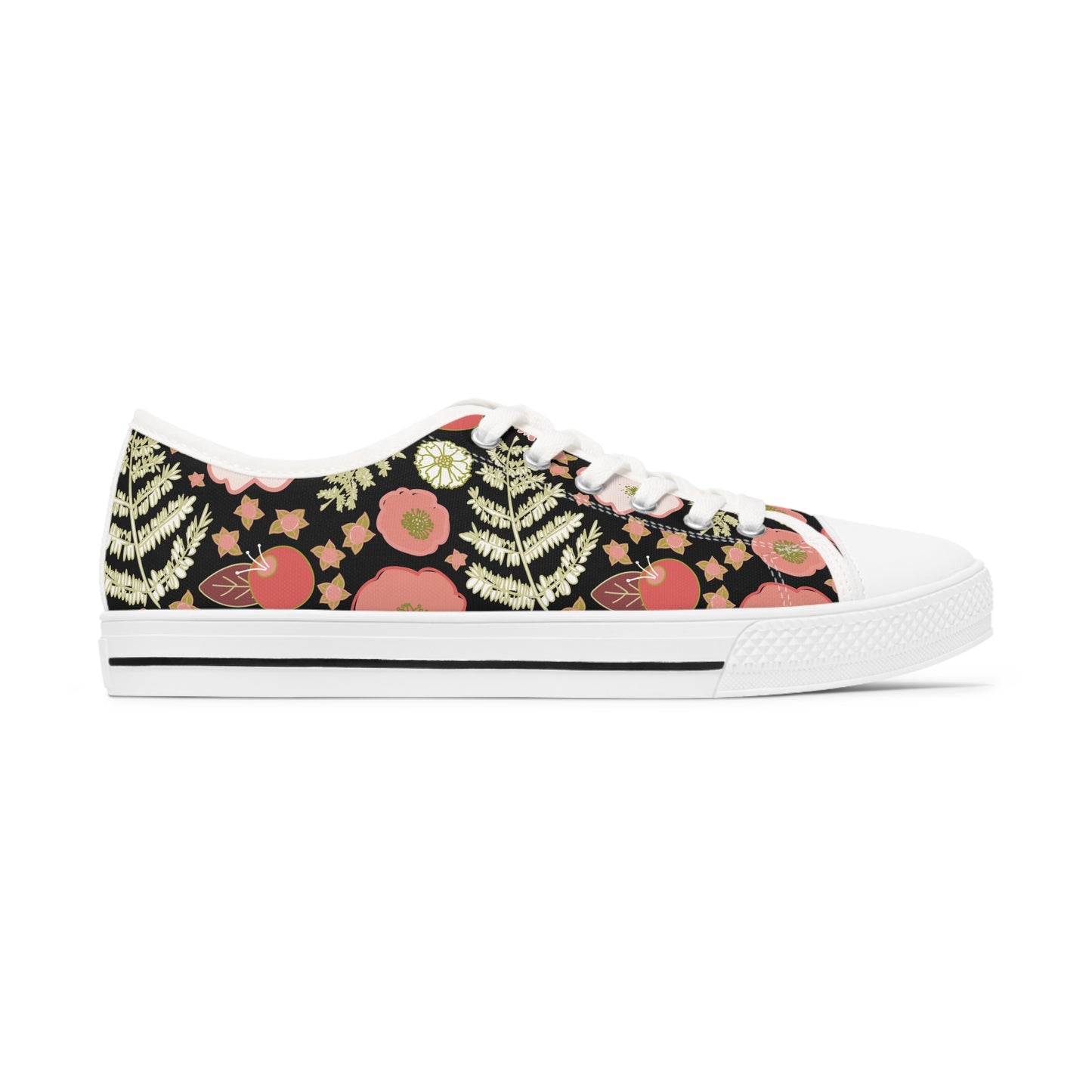 Coral Flowers on Black Women's Low Top Sneakers