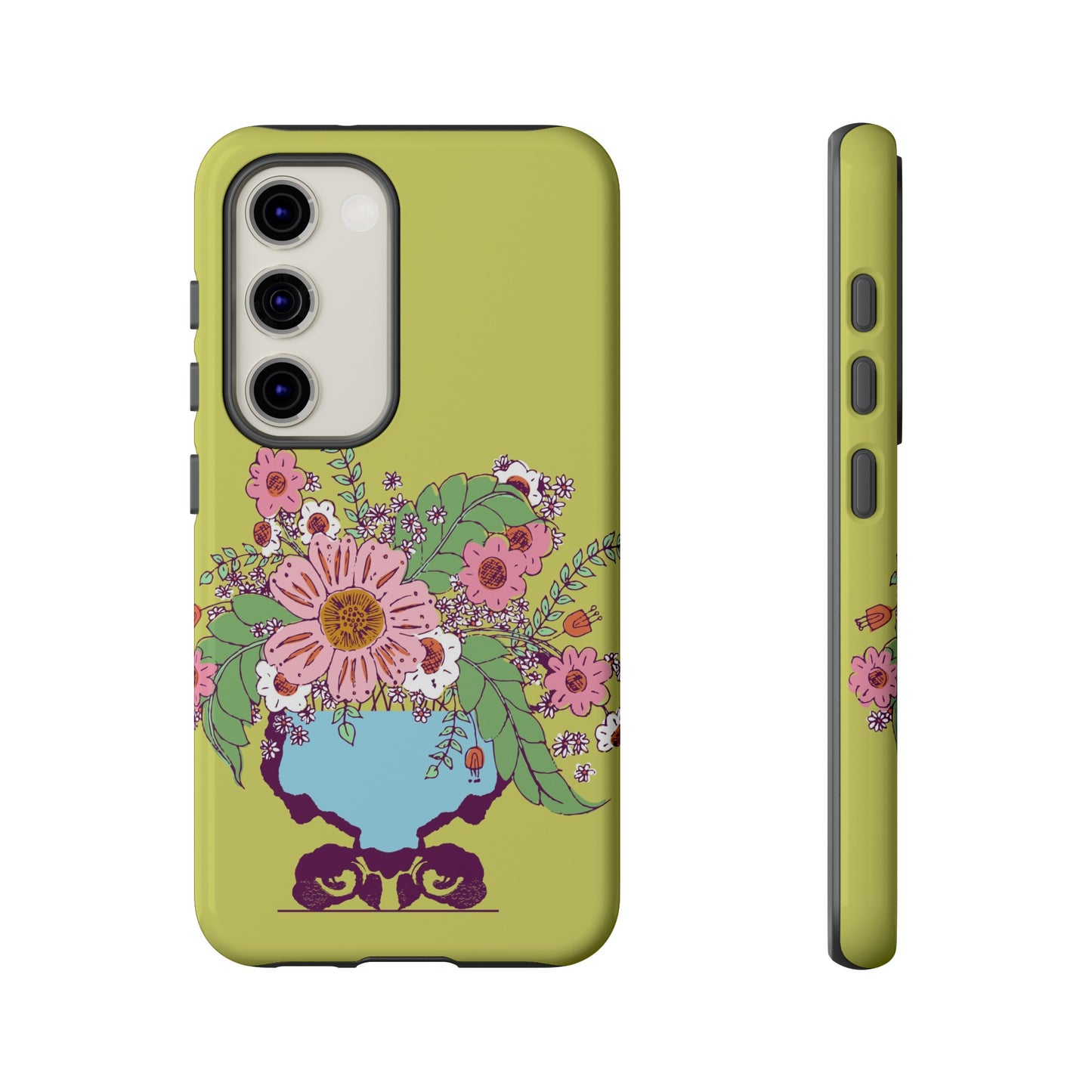 Cheerful Watercolor Flowers in Vase on Bright Green Tough Cases for Samsung