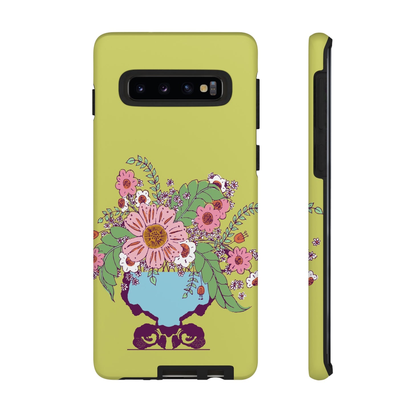 Cheerful Watercolor Flowers in Vase on Bright Green Tough Cases for Samsung