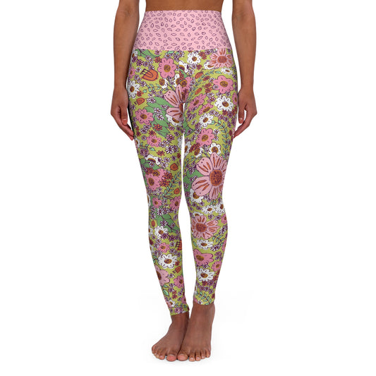 Cheerful Watercolor Flowers on Bright Green High Waisted Yoga Leggings