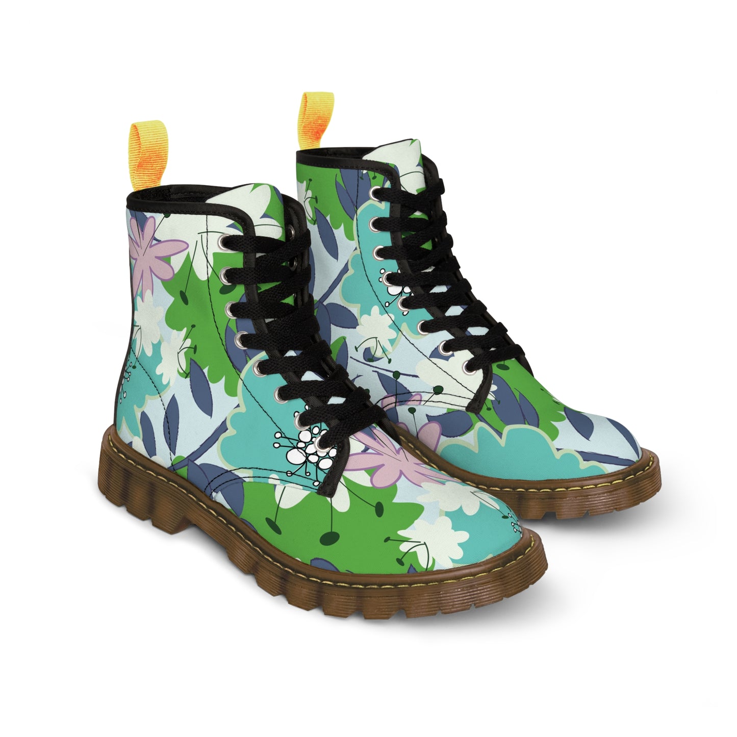 Mid Mod flowers in blue and green Women's Canvas Boots