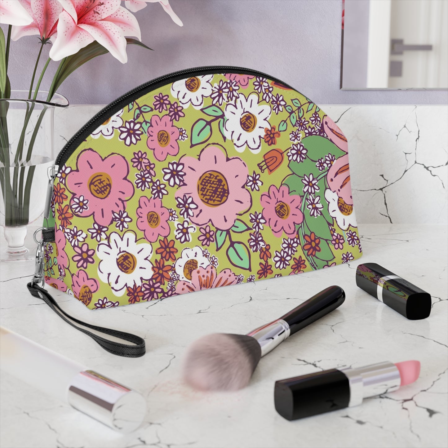 Cheerful Watercolor Flowers on Bright Green Makeup Bag