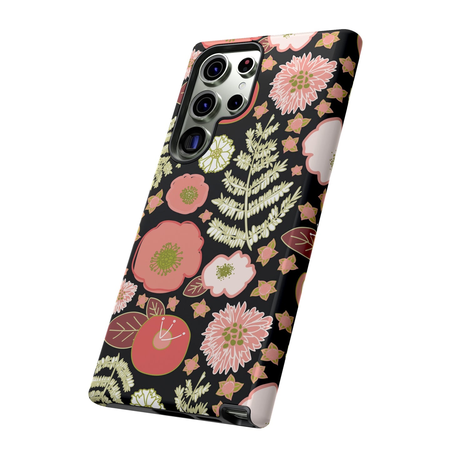 Coral Flowers on Black Tough Cases for Samsung