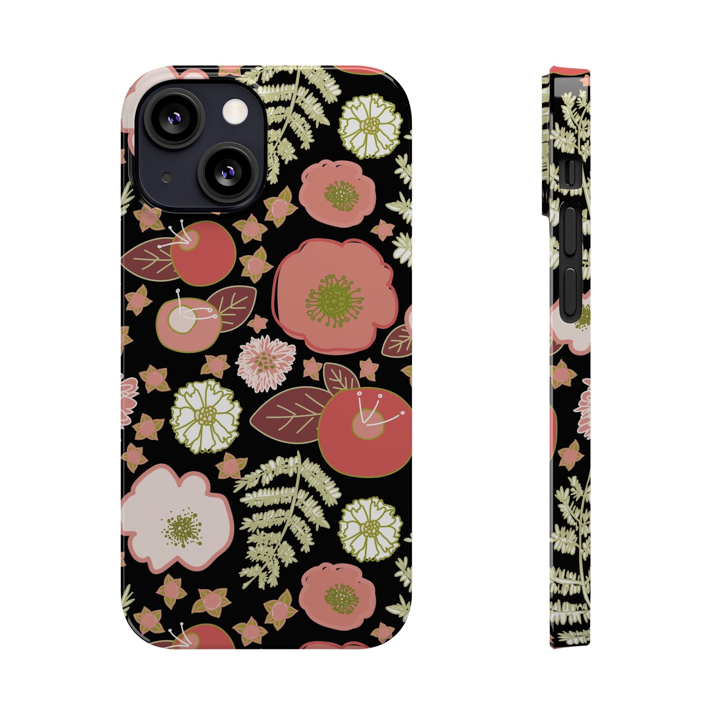 Coral Flowers on Black Slim Phone Cases