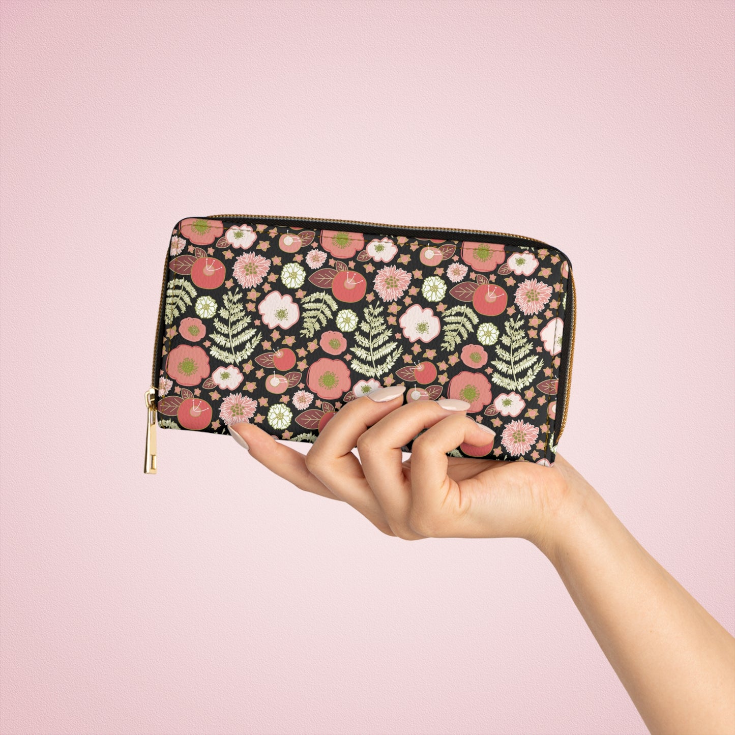 Coral Flowers on Black Zipper Wallet