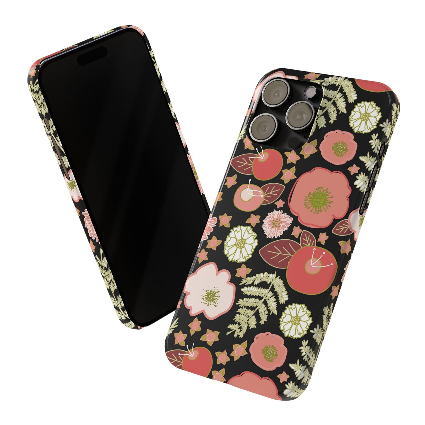 Coral Flowers on Black Slim Phone Cases