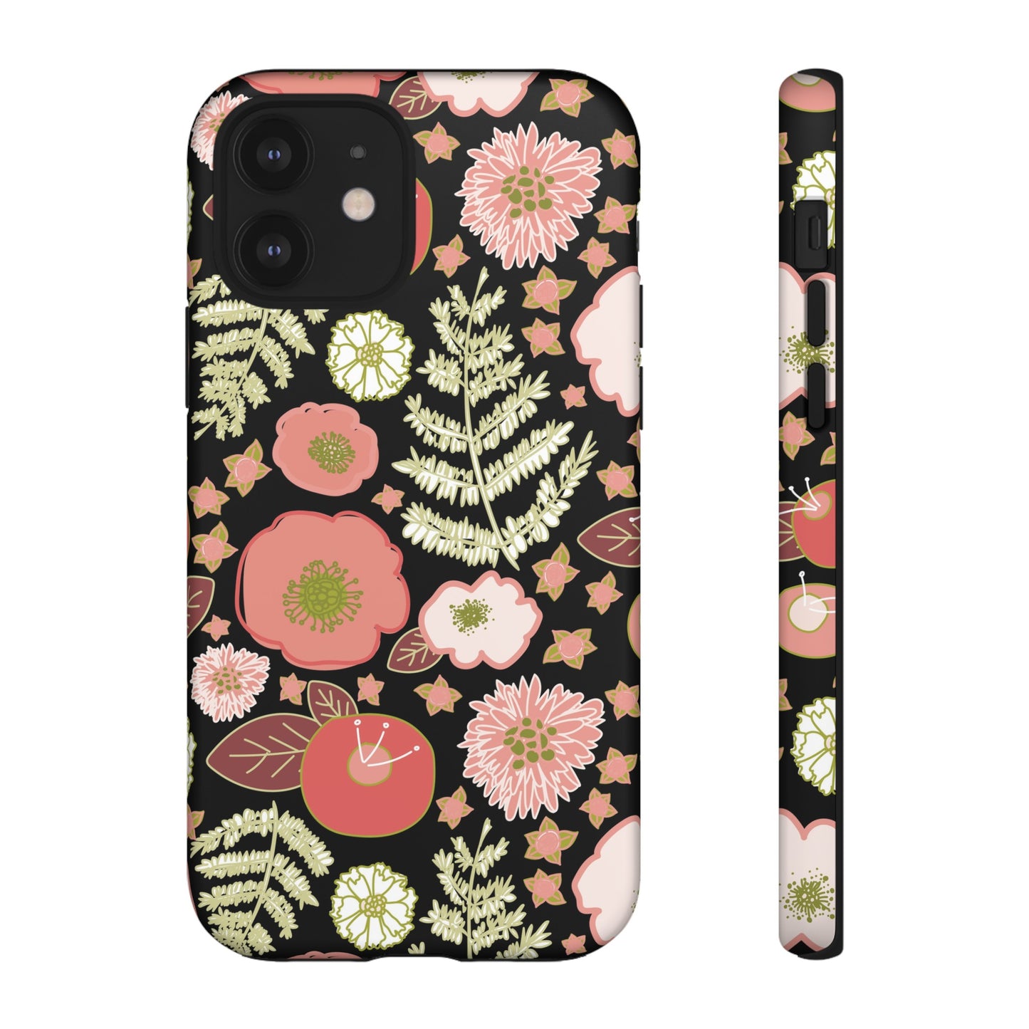 Coral Flowers on Black Tough Cases for iPhone