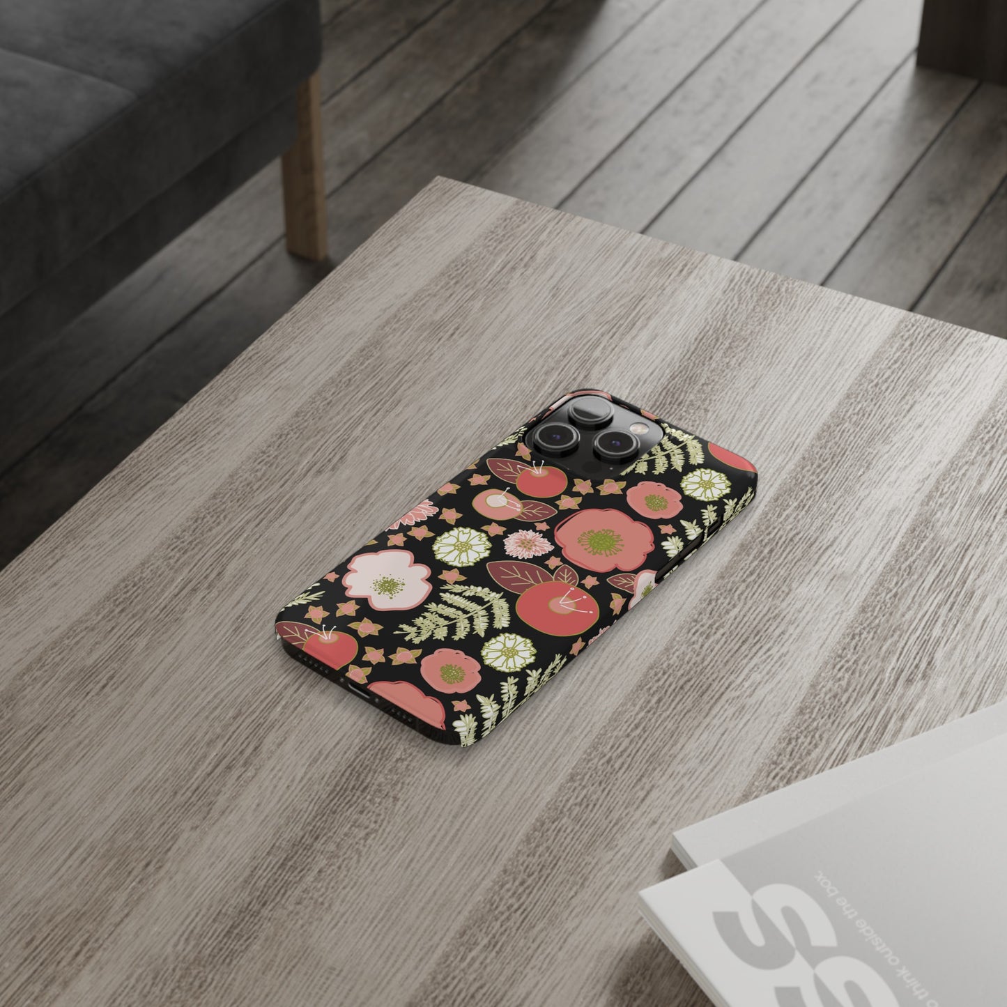 Coral Flowers on Black Slim Phone Cases