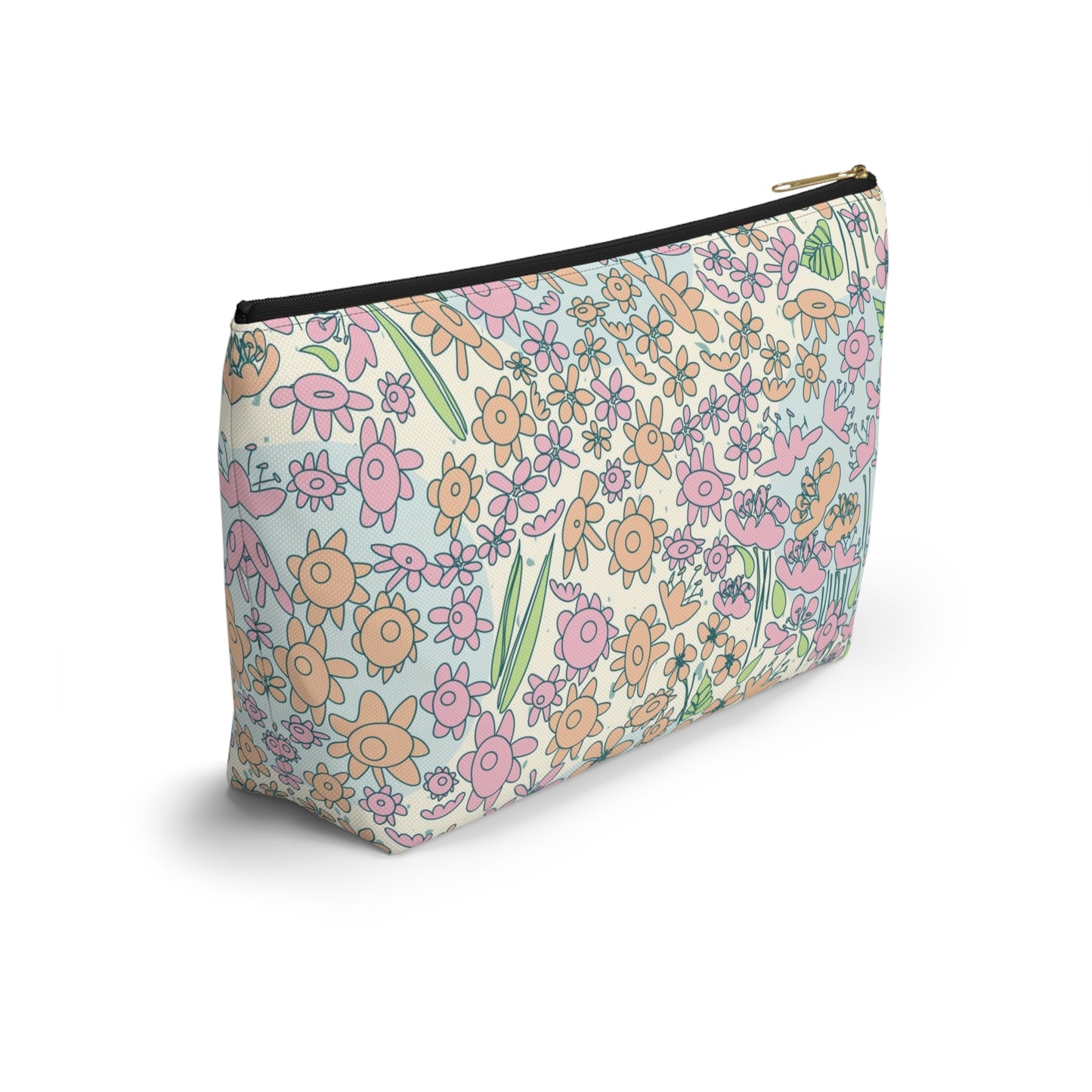 Orange and Pink Flowers on Blue Dot Accessory Pouch w T-bottom