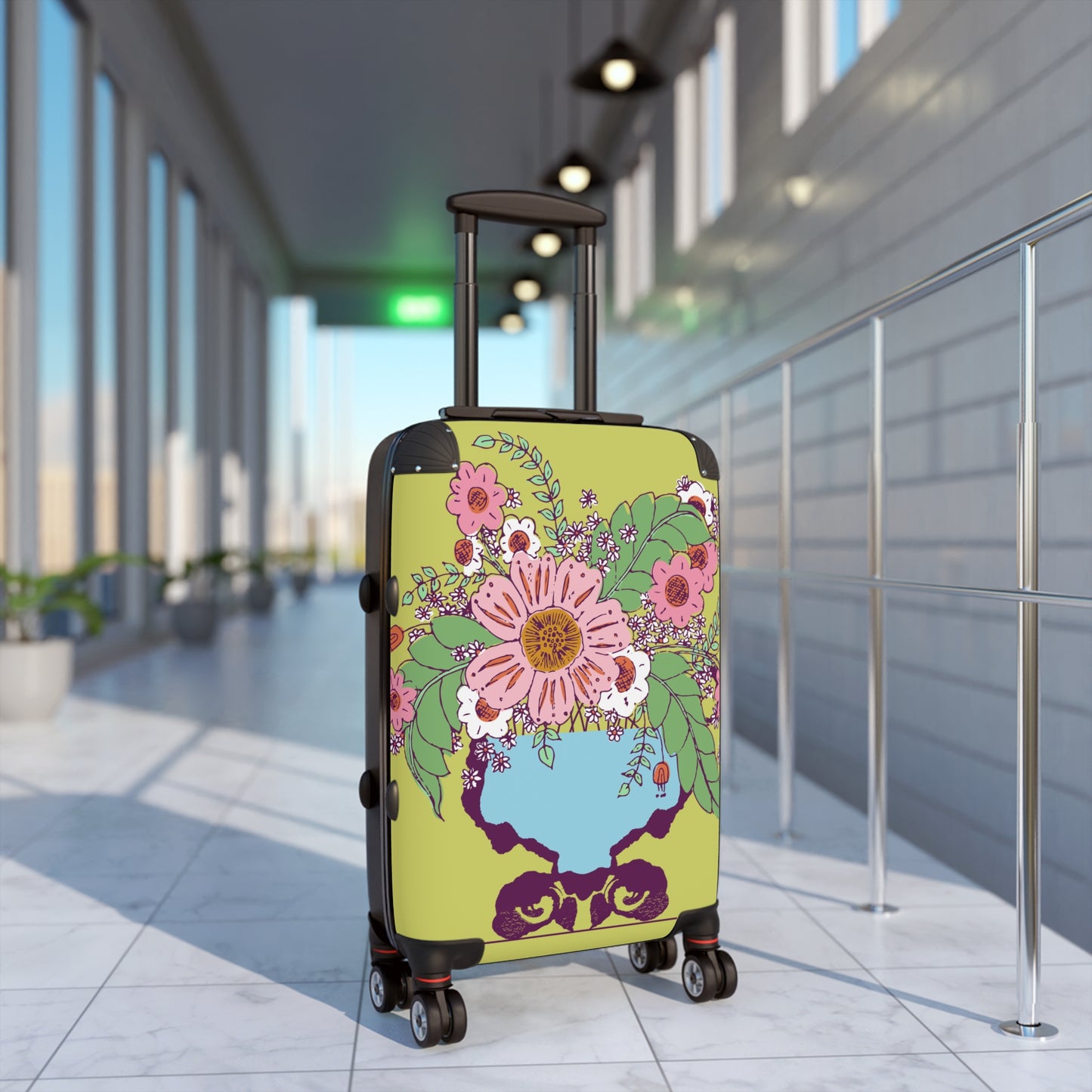 Cheerful Watercolor Flowers in Vase on Bright Green Suitcase