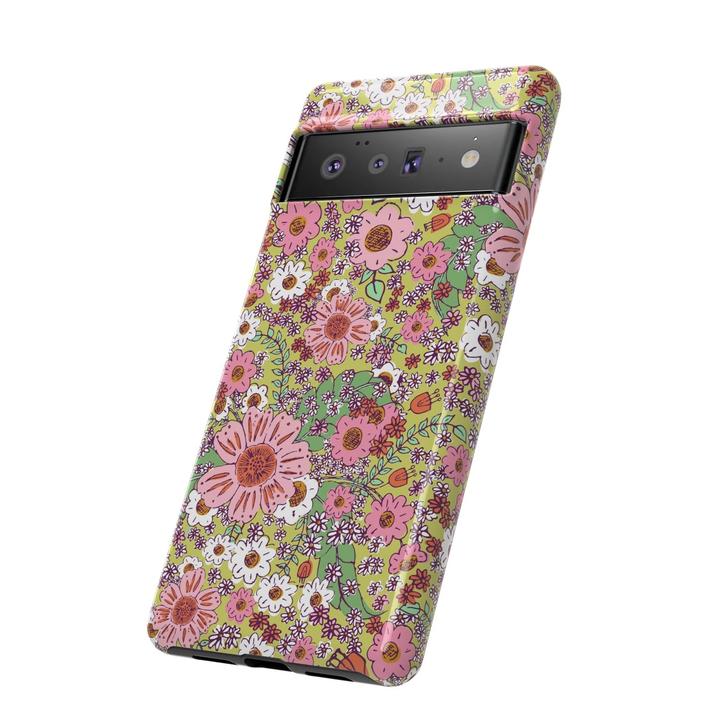 Cheerful Watercolor Flowers in Bright Green Tough Cases for Google Pixel