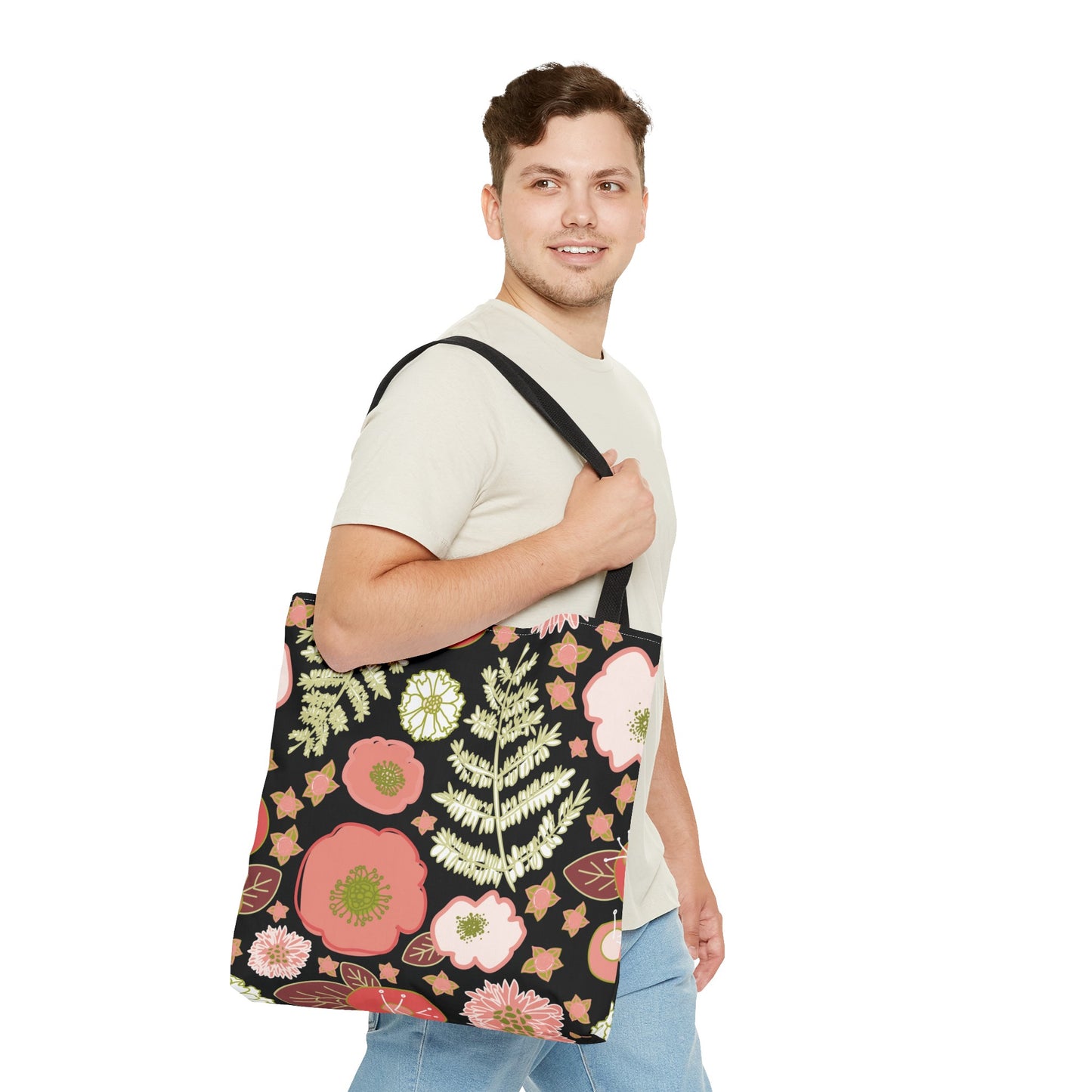 Coral Flowers on Black Tote Bag