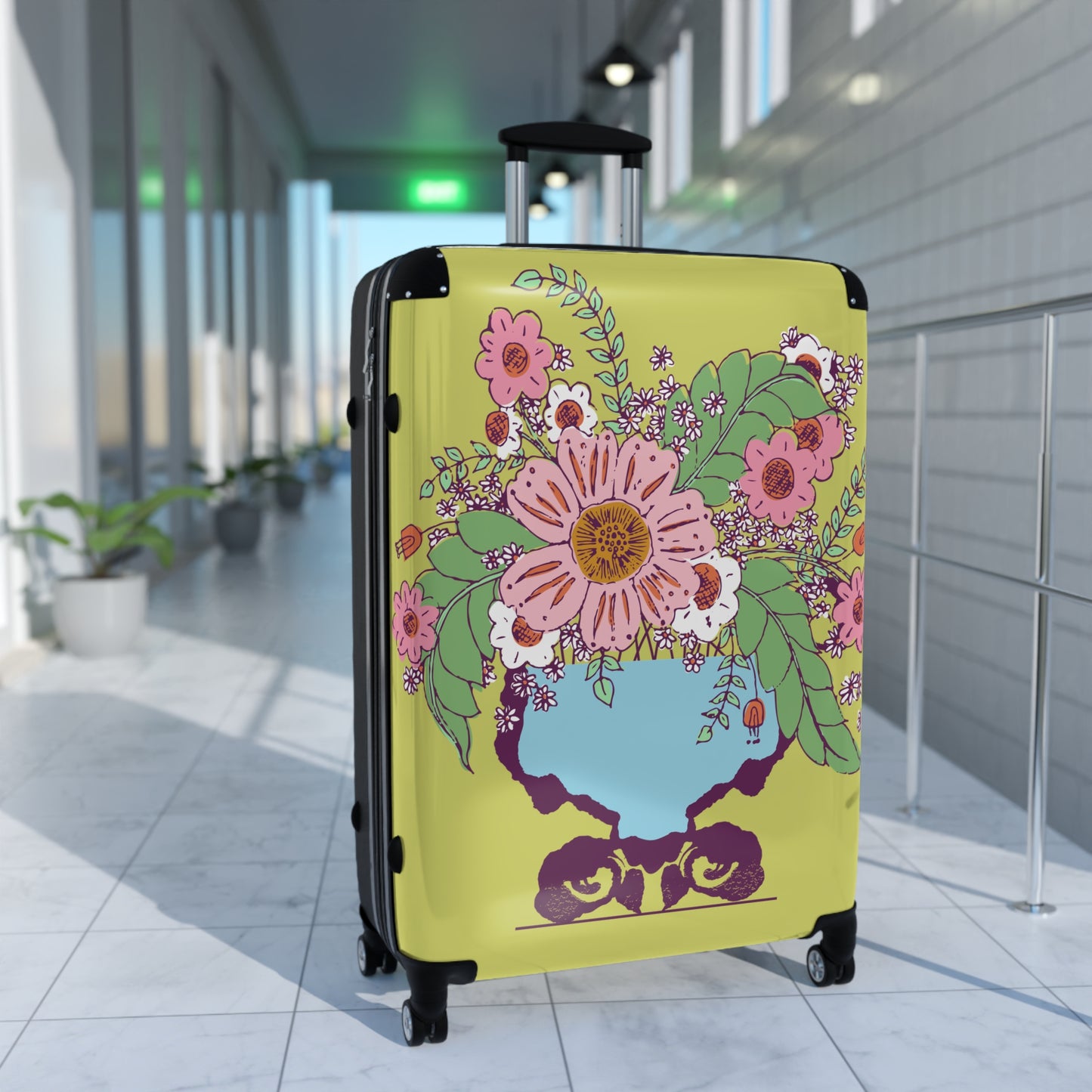 Cheerful Watercolor Flowers in Vase on Bright Green Suitcase