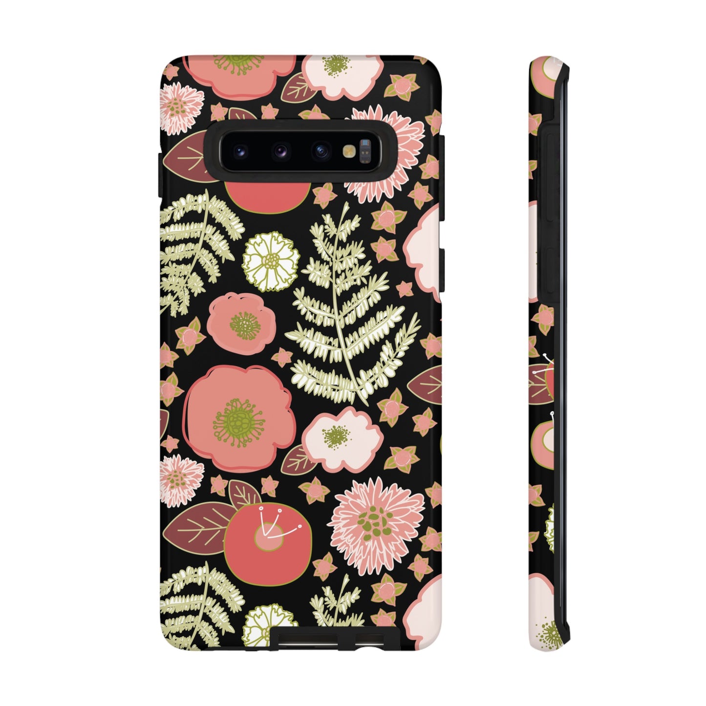 Coral Flowers on Black Tough Cases for Samsung