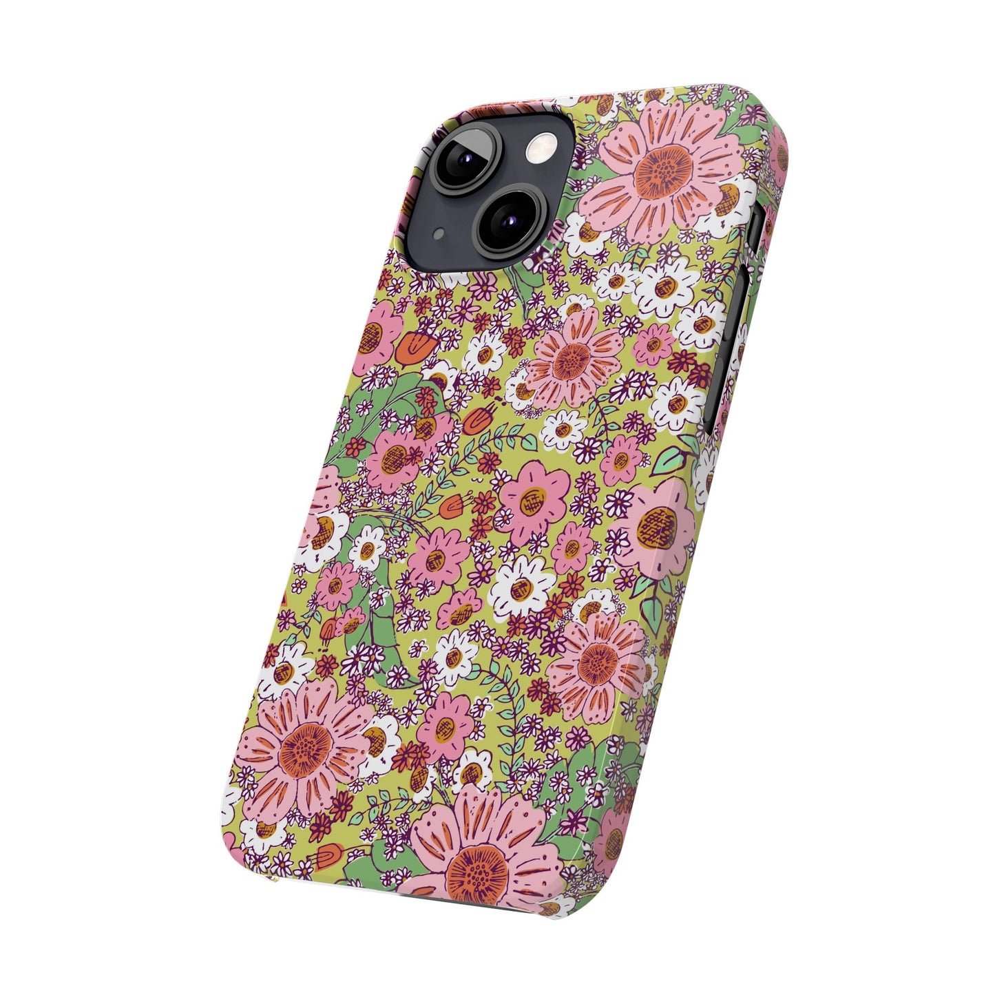 Cheerful Watercolor Flowers on Bright Green Slim Phone Cases