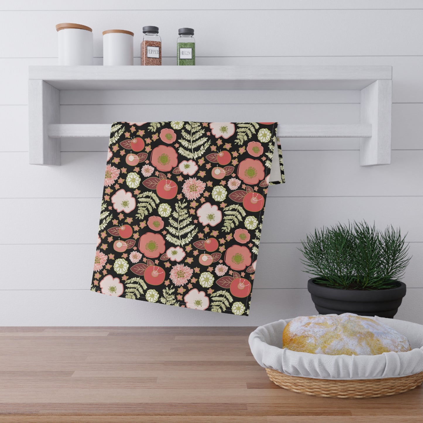 Coral Flowers on Black Kitchen Towel