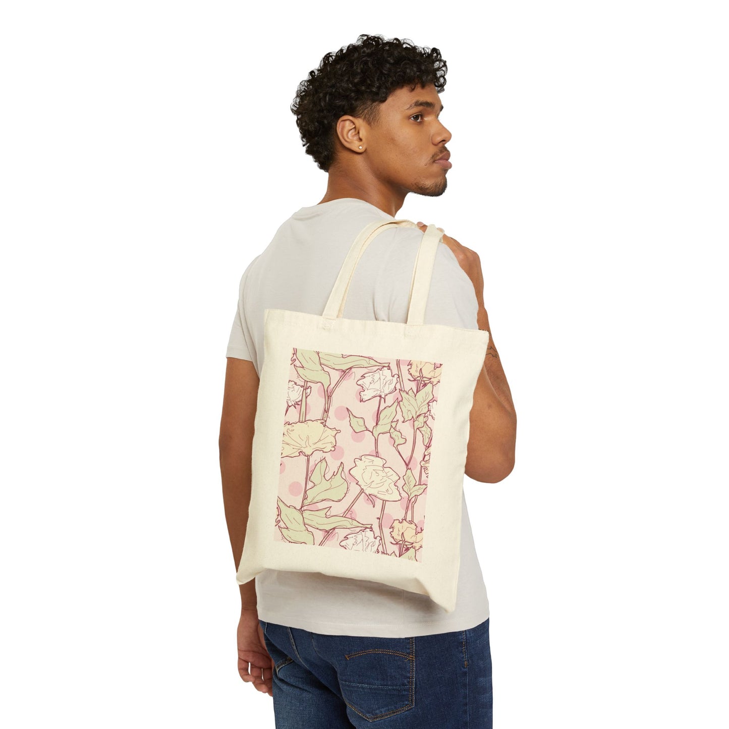 Roses and Dots in Pink Cotton Canvas Tote Bag