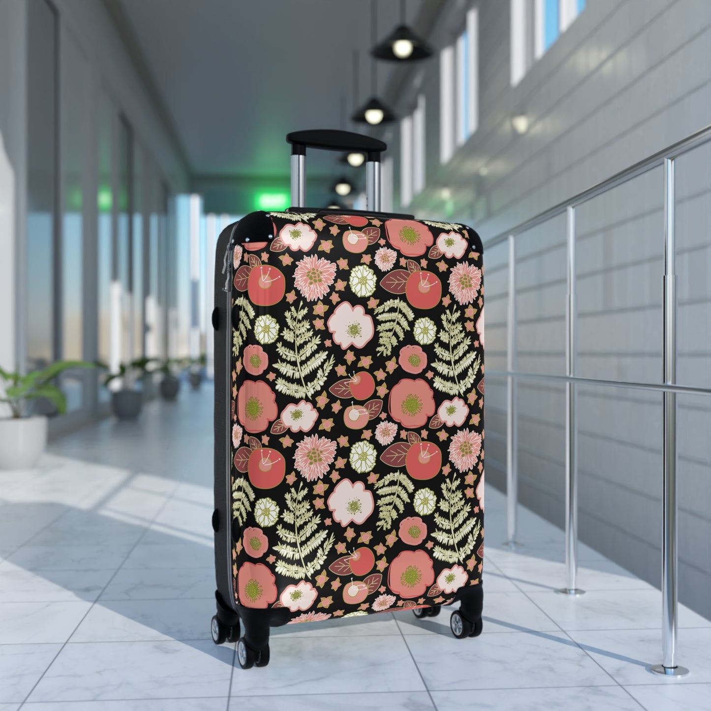 Coral Flowers on Black Suitcase