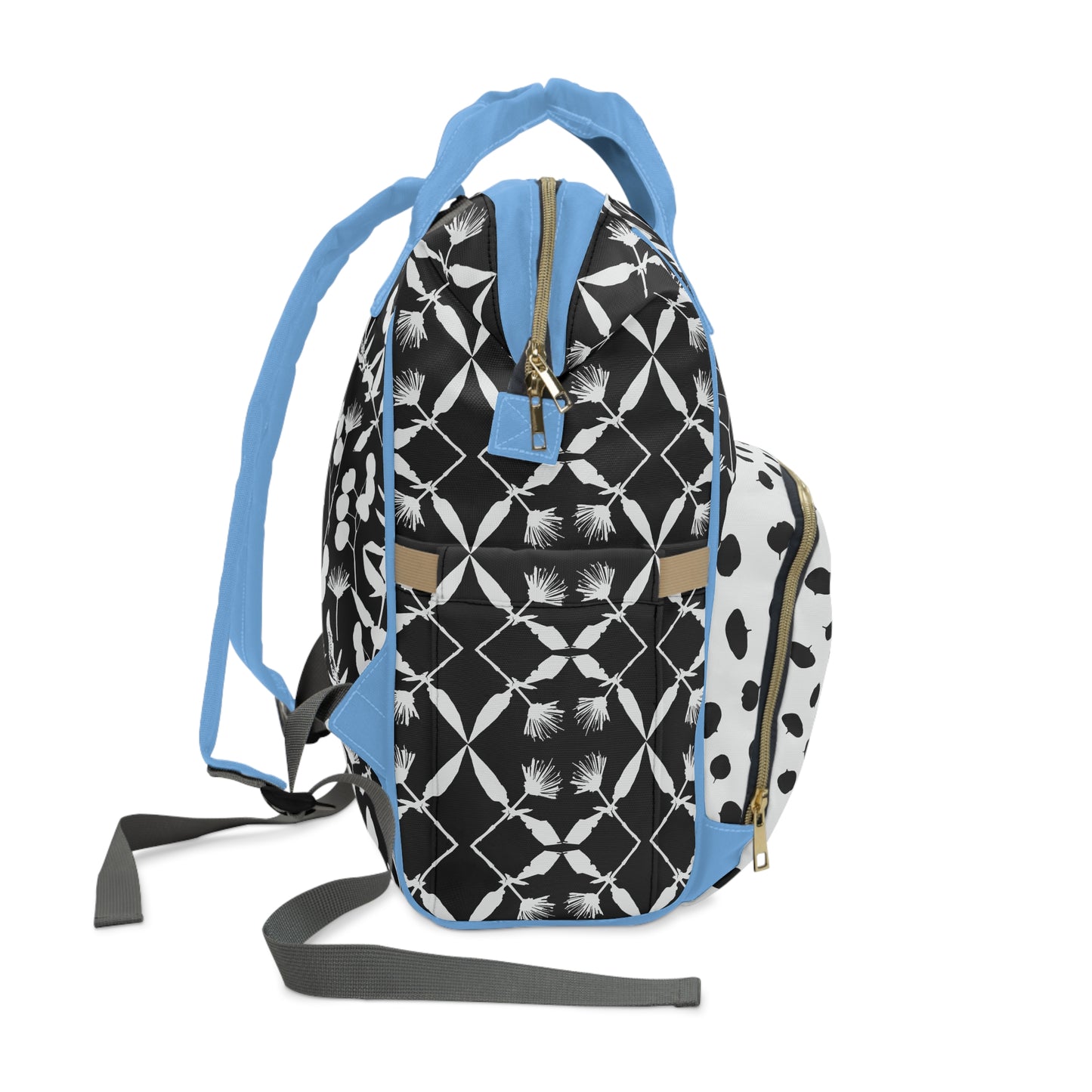 Black and White Floral with Blue Accents Multifunctional Diaper Backpack