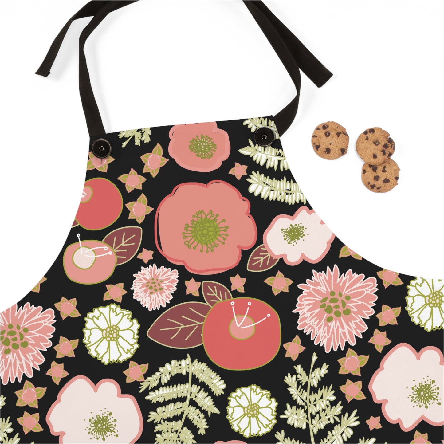 Coral Flowers on Black Apron