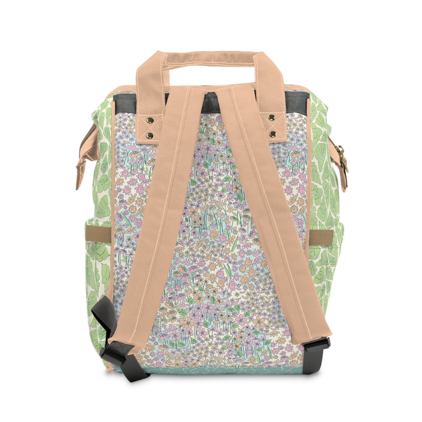 Orange and Pink Flowers on Blue Dot Multifunctional Diaper Backpack